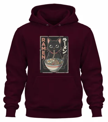 Immagine prodotto di Felpa con cappuccio "RAMEN Schwarze Katze", ispirata alla cucina giapponese, con scritta "Japan Y2K Otaku", colore bordeaux, taglia M