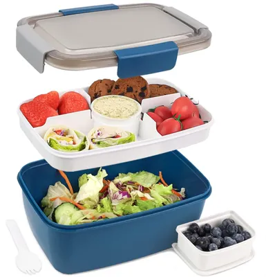 Produktbild von Lunchbox für Erwachsene, 2000 ml, auslaufsichere Bento-Box mit Fächern für Kinder, Salatbox, tragbare Salatbox mit Gabel, Lunchbox, Frühstücksbox für Schule, Picknick, Büro, blau