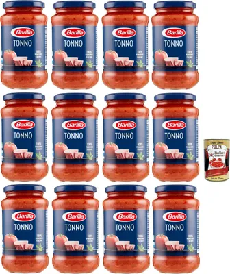 Produktbild von Barilla Sugo Pronto al Tonno all' Olio di Oliva e Pomodoro Italiano, Fertige Thunfischsauce mit Olivenöl und italienischen Tomaten, 12x 400g + Italian Gourmet polpa 400g