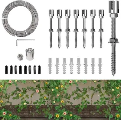 Produktbild von Klimhilfe aus Edelstahl für Pflanzenkletterhilfe Drahtkabelsystem Kit (8 Halterungen 12 m Seil)