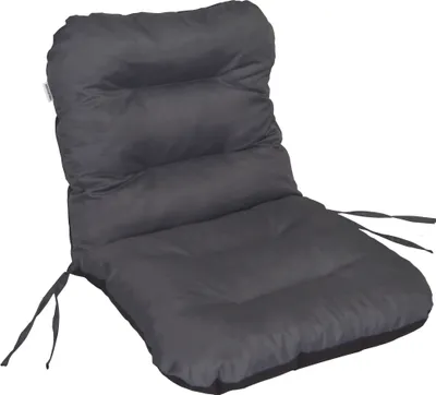 A dark gray chair cushion with ties, shown against a white background.