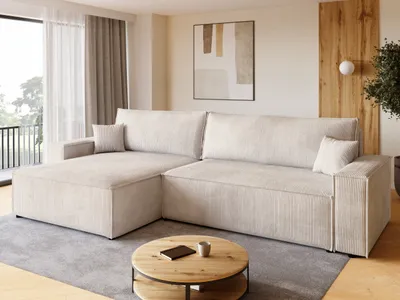 Produktbild von bromarkt Ecksofa ADI, 272x143x85 cm (BxTxH), Liegefläche 125x230 cm, mit Schlaffunktion und Bettkasten, Cordstoff, Vanille, L-Form, XL, individuell ausrichtbar, freistehend