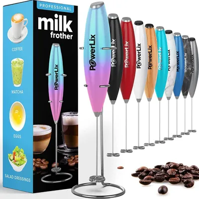 A product shot showing multiple colors of a milk frother, with packaging and coffee beans.