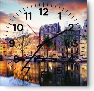 Produktbild von Wanduhr - Quadrat - Glasuhr - Holland Kanal - 30x30cm - Schleichendes Uhrwerk - Lautlos - zum Aufhängen bereit - Dekoration Modern - Wanddekoration aus Glas - C4AC30x30-4068