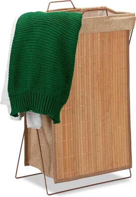 Imagen del producto de Cesta de bambú plegable, 40 litros, con estructura metálica y asas. Ideal para ropa sucia. Dimensiones: 61 x 38 x 22 cm. Color natural