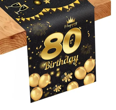 Immagine prodotto di Tovaglia rettangolare per tavolo, 80° compleanno, nero e oro, lino, 186x34 cm