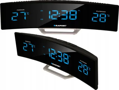 Two views of a Blaupunkt digital alarm clock with a curved display.