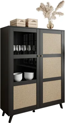 A black vitrine with cane detailing and decorative items on top.