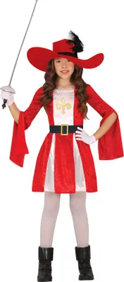 Image de Mousquetaire Héros d'Aventure Costume de Carnaval Rouge Blanc Chapeau à Plumes Manteau Epée Enfants Jeu de Rôle Fête Créative Fantaisie Courageux, Taille : 128/134 Couleur : Rouge