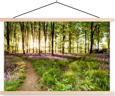 Produktbild von MuchoWow® Textilposter Blumen - Frühling - Vögel 120x80 cm mit holzfarbenen Rahmen - Aufhängeset