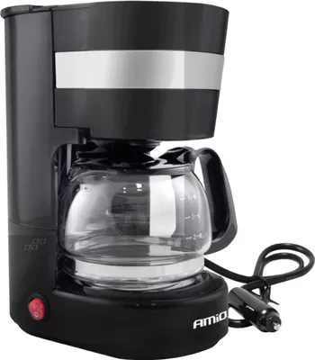 A black coffee maker with a glass carafe and a silver band on a white background.