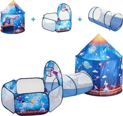 Produktbild von Kinder-Spielzelt mit Tunnel, 3-in-1, Pop-up-Spielhaus für drinnen und draußen, für Jungen, Mädchen und Kleinkinder, königsblaues Raketenmotiv, inklusive Tragetasche und Gurten, perfektes Geburtstagsgeschenk