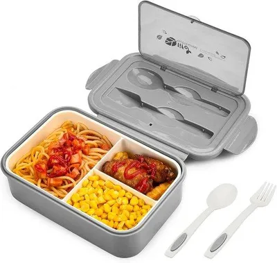 Image de Boîte à bento anti-fuite - Récipient alimentaire avec set de couverts - 3 compartiments - Gris