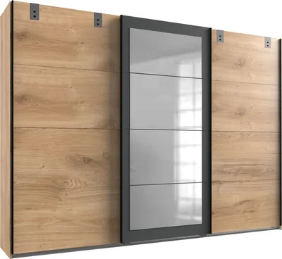 Produktbild von Kleiderschrank "Malmö" aus Spanplatte in Plankeneiche-Nachbildung mit Absetzungen in Graphit. Abmessungen (B/H/T) 270x210x65 cm