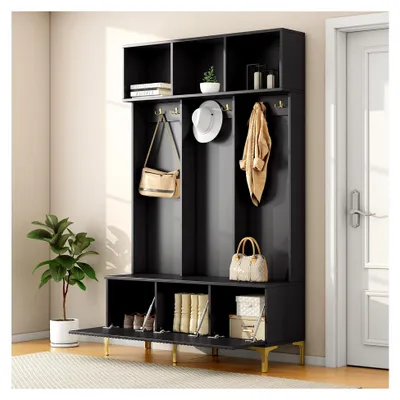 Produktbild von Garderobenset mit Bank in Schwarz - Multifunktionale Aufbewahrungsbank mit 6 goldenen Haken - Flurkommode für das Wohnzimmer - Offenes Schuhregal & Garderobe B120xD40xH191cm