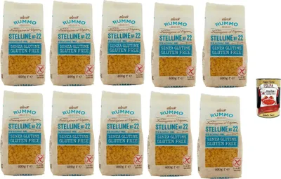 Produktbild von Rummo Pasta Nudeln Glutenfreie Stelline N° 22, Bronze Gezeichnete gluteinfrei, perfekt für Menschen mit Zöliakie oder Glutenunverträglichkeit, 10x 400 g + Italian Gourmet polpa 400g