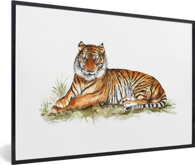 Produktbild von MuchoWow® MuchoWow® Gerahmtes Poster Tiger - Gemälde - Orange 90x60 cm - Poster mit zchwarzem Bilderrahmen - Fotorahmen - Foto-Plakat