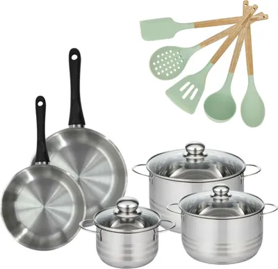 Image de Batterie de cuisine avec 3 faitouts 16/20/24 cm et 2 poêles 20/24 cm avec 5 ustensiles de cuisine Fackelmann Généva Brillant Ocean