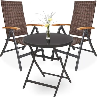 Image de BRUBAKER Salon de jardin Modena - 1 table en verre pliante ronde 70 cm Ø avec 2 chaises en polyrattan - résistant aux intempéries - brun/anthracite