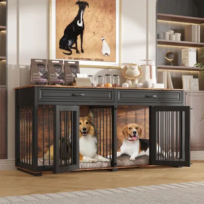 Produktbild von Große Hundebox für den Innenbereich, XXL Hundebox mit 2 Türen und 2 Schubladen, Schwarz + Braun, Metall + MDF, 164 x 80 x 60 cm