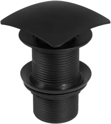 A black square pop-up drain with a threaded body.