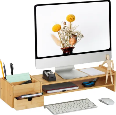 Obrázok produktu pre Stojan na monitor Relaxdays, bambus, zásuvka a 5 priehradiek, VxŠxH: 13 x 70 x 19 cm, stojan na monitor na stôl, prírodná farba