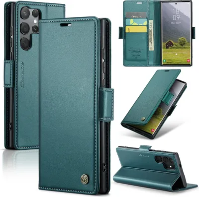 Immagine prodotto di Custodia per Samsung Galaxy S25 Ultra, carta di blocco RFID, custodia in pelle avanzata con funzione stand verde