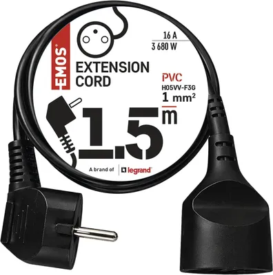 Obrázok produktu pre Predlžovací kábel, 1,5 m – 1 zásuvka – 250 V – PVC – Na vnútorné použitie – Čierna farba