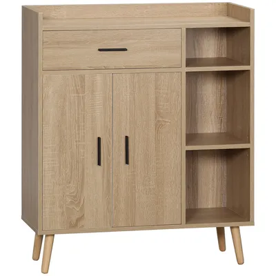 Produktbild von HOMCOM Modernes Wohnzimmer-Sideboard mit 2 Türen, 1 Schublade und 3 offenen Regalen, zusätzliches Stauraummöbel für Küche, Schlafzimmer, Eingang, kippsicher, 80 x 30 x 96,5 cm, Natur