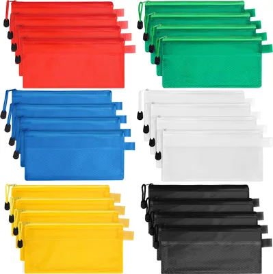 Produktbild von Set mit 24 verschiedenen, verschließbaren Kunststoffbeuteln – Dokumententaschen mit Reißverschluss für Reisedokumente – 6 Farben – Wasserdicht, ideal für Kosmetik, Schule und Büro