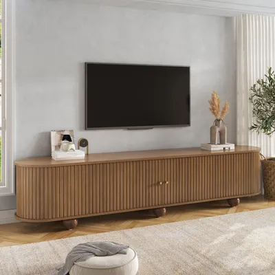 Produktbild von MODFU TV Lowboard 180 cm,TV Schrank mit Schiebetüren,Fernsehbank mit mehrere Ablagefächer,Kugelfüße und offene Bereiche,Nussbaum