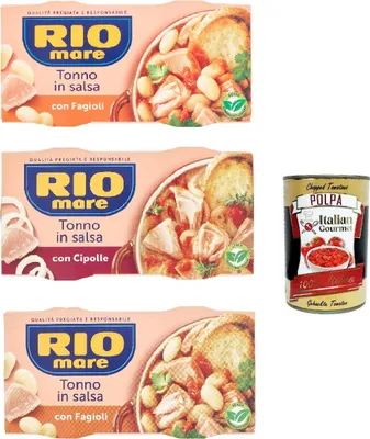 Produktbild von Rio Mare con gusto testpaket fertiggerichte Thunfisch Instant food, Tonno e fagioli, Tonno e cipolle, Tonno e piselli 6x 160g + Italian Gourmet polpa 400g