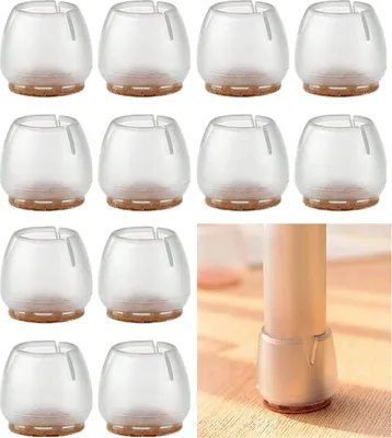 A collage of clear silicone chair leg protectors with brown felt bottoms. One protector is shown on a chair leg in the bottom right corner.