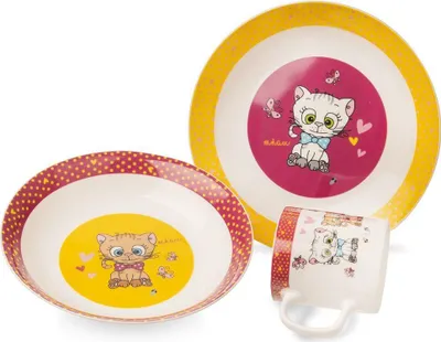 Obrázok produktu pre Orion Súprava riadu | Raňajková súprava pre deti z porcelánu s motívom mačky Miska tanier hrnček na pitie 3 ks