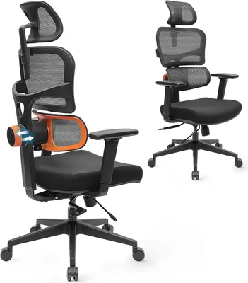 Obrázek produktu pro Kancelářská židle Ergonomická kancelářská židle, počítačová židle s vysokým opěradlem s jedinečnou nastavitelnou bederní opěrkou, hloubkou opěradla a sedáku, funkcí náklonu, opěrkou hlavy