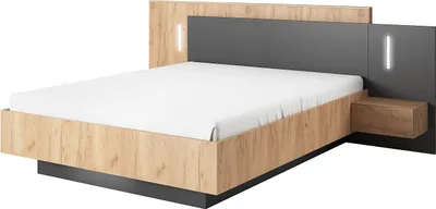 Produktbild von Bett mit Nachttischen 140 x 190 cm - 2 Schubladen - Mit LED-Beleuchtung - Farben: Natur und Anthrazit - FRANCOLI