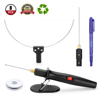 A collage of foam cutting tools and accessories against a white background.