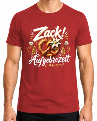 Productafbeelding van Zack! Bayersische pretzel, Wiesn (Oktoberfest) traditionele kleding shirt, lederhosen (leren broek) heren t-shirt, rood, XXL