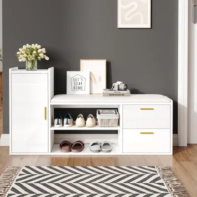 Image de Armoire à chaussures - Rangement à chaussures - Banc à chaussures - Meuble de rangement - Meuble d'entrée - Design moderne, couleur blanche
