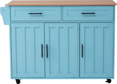 Produktbild von Merax Küchenwagen mit erweiterbarer Arbeitsplatte, Kücheninsel mit 5 Rollen, Servierwagen Küchenschrank Küchentrolley, 129x46(71)x91,5 cm, Blau