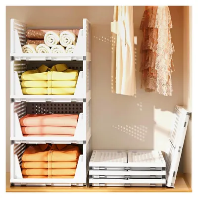Produktbild von Organizer für den Kleiderschrank, 4 stapelbare Schubladen für Kleidung, ausziehbares faltbares Ordnungssystem für Kleiderschrank, Schlafzimmer, Küche und Spielzeug, Weiß