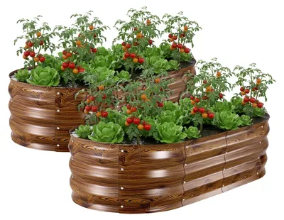 Produktbild von VEVOR Metall Hochbeet, 8 x 2 x 1 Fuß Outdoor Verzinkte Pflanzbox, mit Offenem Boden, Großes Ovales Hochbeet für Gemüse, Blumen, Kräuter und Sukkulenten, Dunkelgrau, 2 Stück-a, 120x60x30 cm (Tiefes Holzmaserung)