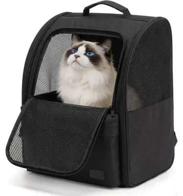 Zdjęcie produktu dla Plecak dla kota, transporter dla psa do 8 kg, czarny, materiał 600D, wymiary 30x27x41,5 cm