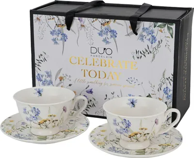Zdjęcie produktu dla DUO | Filiżanka – filiżanka do kawy – 250 ml – zestaw 2 sztuk – w kwiaty – spodek – w pudełku prezentowym