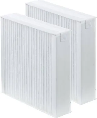 Two white pleated air filters are shown side-by-side against a white background.