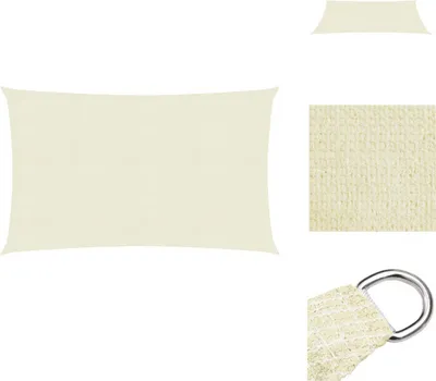 A rectangular cream-colored sun sail is shown against a white background, with close-up views of the fabric texture and a metal D-ring attachment.