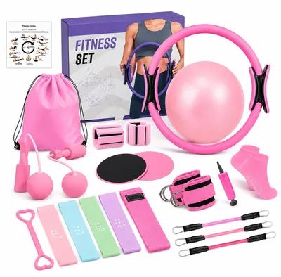 Obrázek produktu pro Pilates sada obsahující 14 dílů, včetně kruhu Magic Circle, podložky na jógu a odporových gum, kompletní domácí posilovna