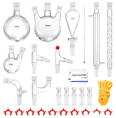 Produktbild von VEVOR Labor-Destillationskit, 3,3 Boro Labor-Glaswaren-Destillationskit mit 24, 40 Gelenk, 1000ml ätherisches Öl Destillationsapparat Kit, 32-teiliges Set von Glasgeräte-Ausrüstung, 3, 1000 ml-a