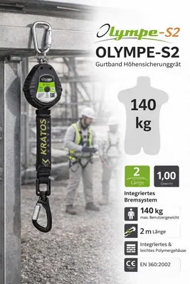 Immagine prodotto di Cintura di sicurezza Kratos Safety Olympe-S2, dispositivo di protezione anticaduta con gancio in alluminio, sistema di assorbimento dell'energia in caso di caduta e sistema di frenatura integrato, fattore di caduta 2, lunghezza 2 metri, conforme alla norma EN360, DPI (Dispositivo di Protezione Individuale)