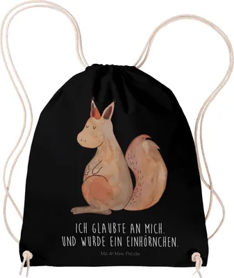 Produktbild von Mr. & Mrs. Panda Turnbeutel Einhorn Glauben - Schwarz - Geschenk, sporttasche klein, rucksack mit kordel, wander, Jutebeutel, Einhörnchen, Eichhörnchen, Einhörner